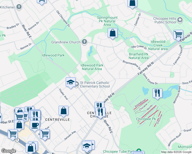 map of restaurants, bars, coffee shops, grocery stores, and more near 491 Veronica Drive in Kitchener