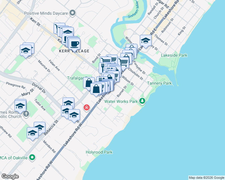 map of restaurants, bars, coffee shops, grocery stores, and more near 146 Lakeshore Road West in Oakville