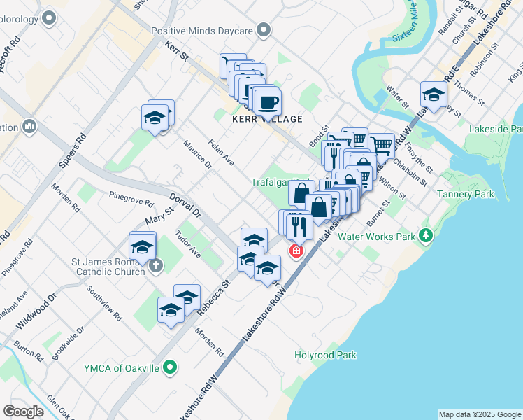 map of restaurants, bars, coffee shops, grocery stores, and more near 169 Maurice Drive in Oakville