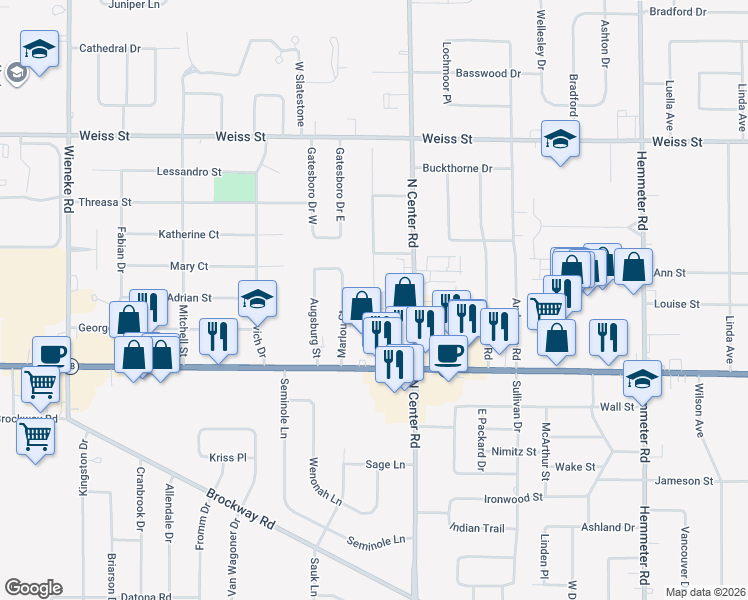map of restaurants, bars, coffee shops, grocery stores, and more near 2000 Rolling Green Place in Saginaw
