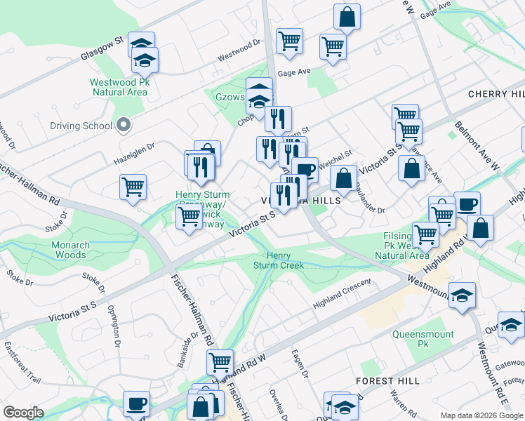 map of restaurants, bars, coffee shops, grocery stores, and more near 24 Mooregate Crescent in Kitchener