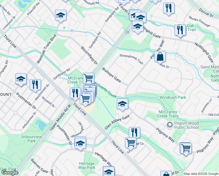 map of restaurants, bars, coffee shops, grocery stores, and more near 1450 Bishops Gate in Oakville