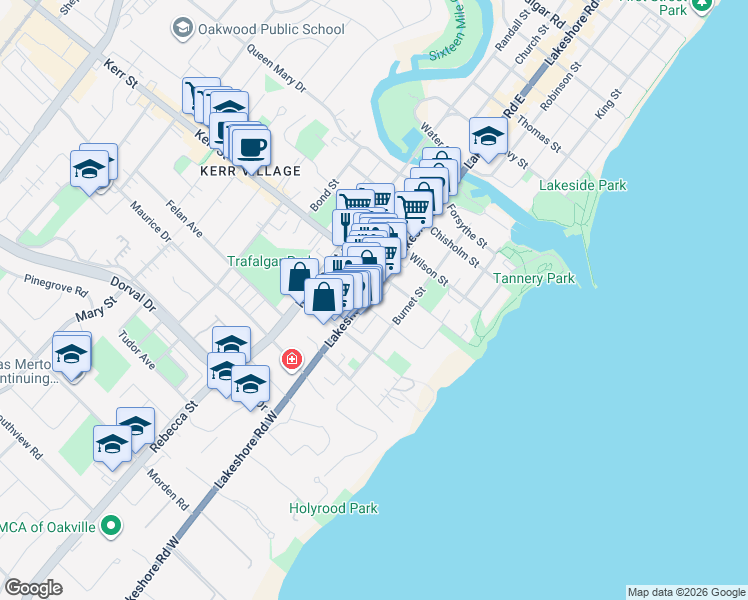 map of restaurants, bars, coffee shops, grocery stores, and more near 99 Brant Street in Oakville