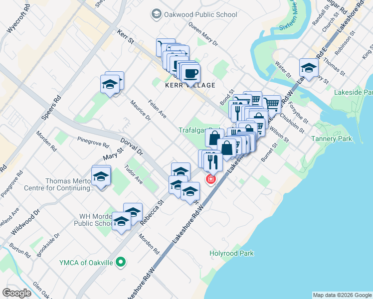 map of restaurants, bars, coffee shops, grocery stores, and more near 169 Maurice Drive in Oakville