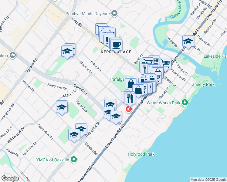 map of restaurants, bars, coffee shops, grocery stores, and more near 183 Maurice Drive in Oakville