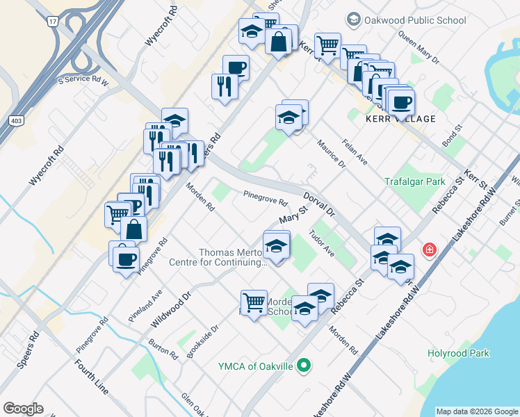 map of restaurants, bars, coffee shops, grocery stores, and more near 305 Ulric Crescent in Oakville