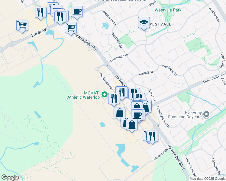map of restaurants, bars, coffee shops, grocery stores, and more near The Boardwalk in Waterloo
