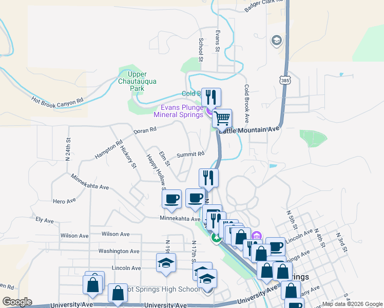 map of restaurants, bars, coffee shops, grocery stores, and more near 1701 Doran Road in Hot Springs