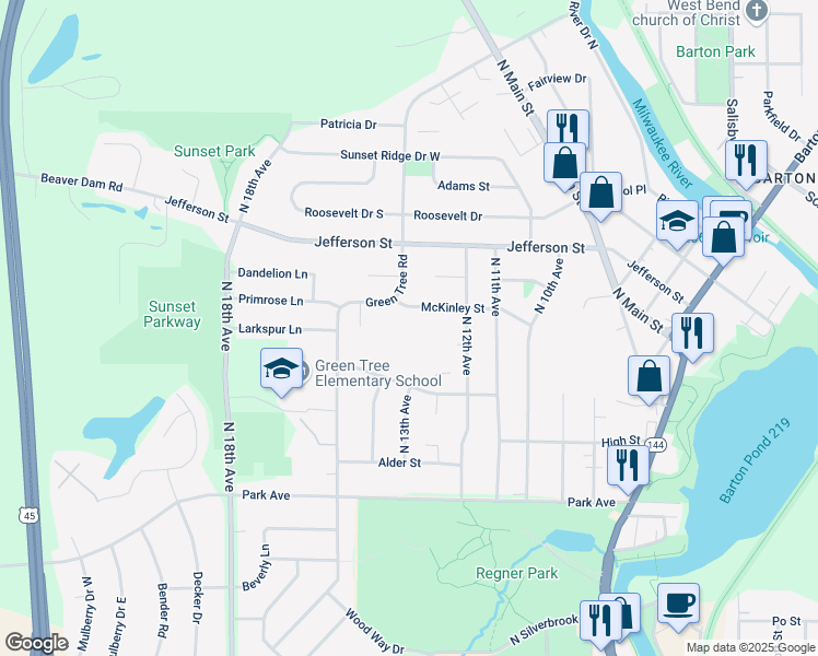 map of restaurants, bars, coffee shops, grocery stores, and more near 1314 Wayne Road in West Bend