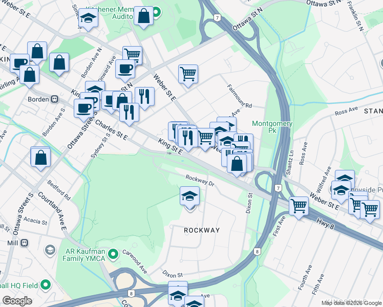map of restaurants, bars, coffee shops, grocery stores, and more near 7 Floral Crescent in Kitchener