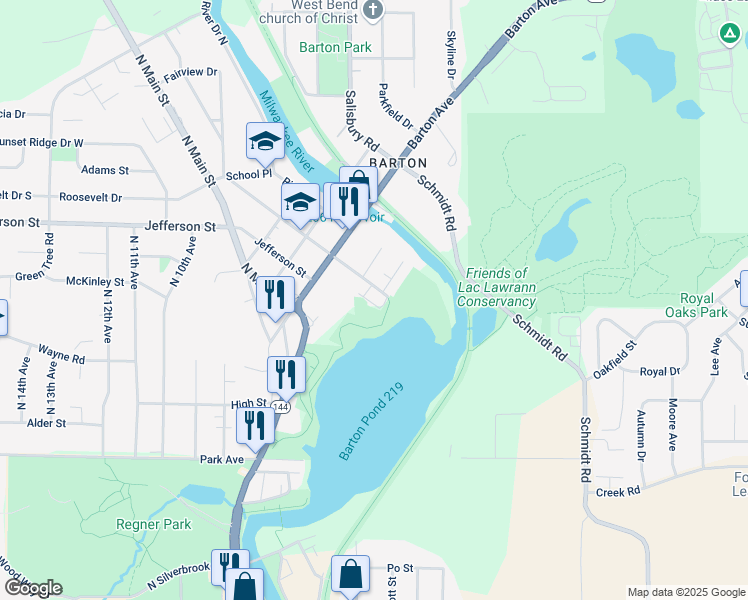 map of restaurants, bars, coffee shops, grocery stores, and more near Roosevelt Drive in West Bend