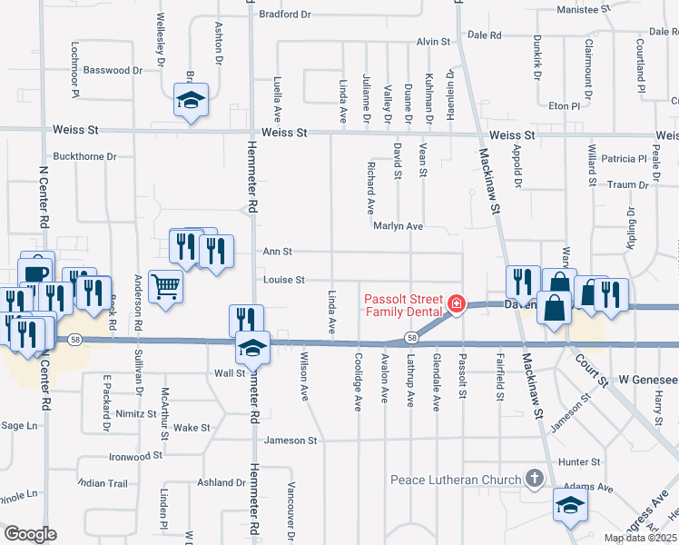 map of restaurants, bars, coffee shops, grocery stores, and more near 2151 Linda Street in Saginaw