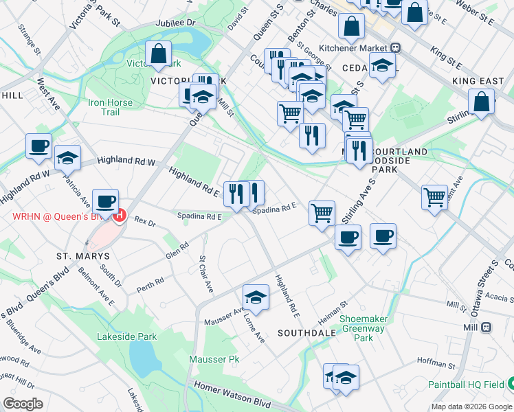 map of restaurants, bars, coffee shops, grocery stores, and more near 44 Russel Street in Kitchener
