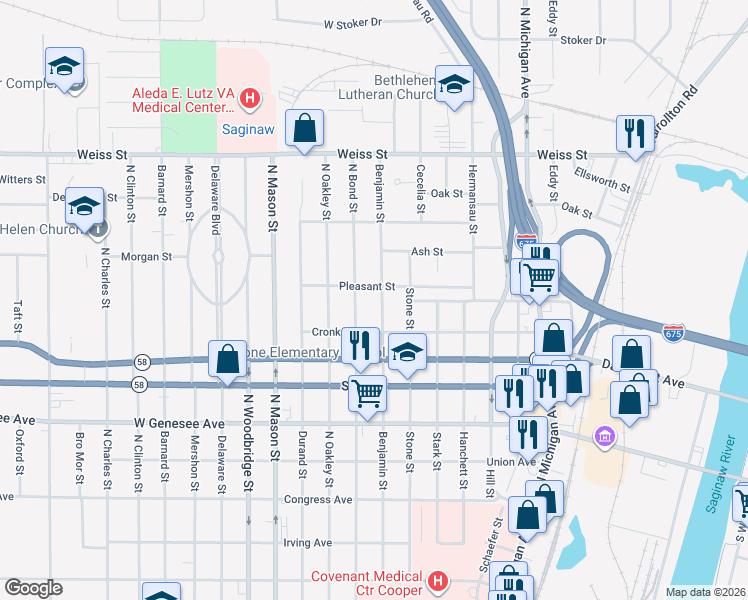 map of restaurants, bars, coffee shops, grocery stores, and more near 2307 Benjamin Street in Saginaw
