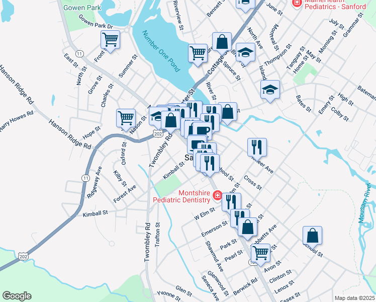 map of restaurants, bars, coffee shops, grocery stores, and more near 12 Kimball Street in Sanford