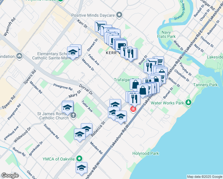 map of restaurants, bars, coffee shops, grocery stores, and more near 223 Rebecca Street in Oakville