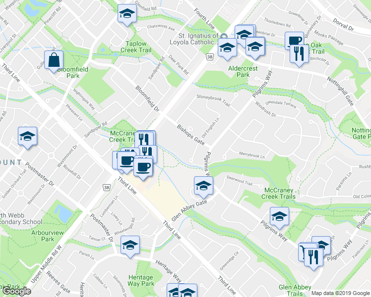 map of restaurants, bars, coffee shops, grocery stores, and more near in Oakville