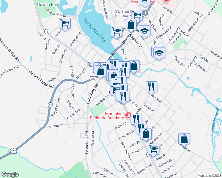 map of restaurants, bars, coffee shops, grocery stores, and more near 12 Kimball Street in Sanford