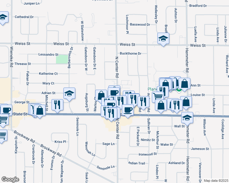 map of restaurants, bars, coffee shops, grocery stores, and more near 2135 North Center Road in Saginaw