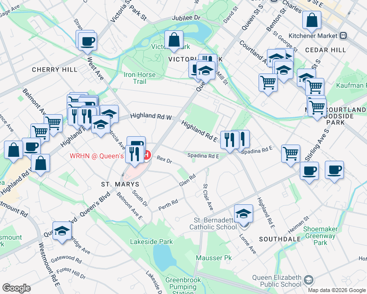 map of restaurants, bars, coffee shops, grocery stores, and more near in Kitchener
