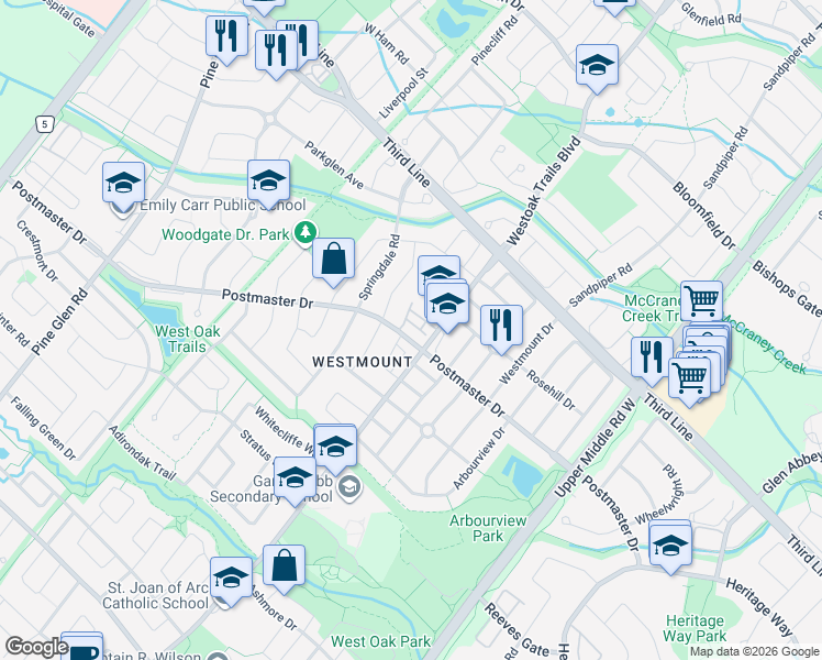 map of restaurants, bars, coffee shops, grocery stores, and more near 2189 Postmaster Drive in Oakville