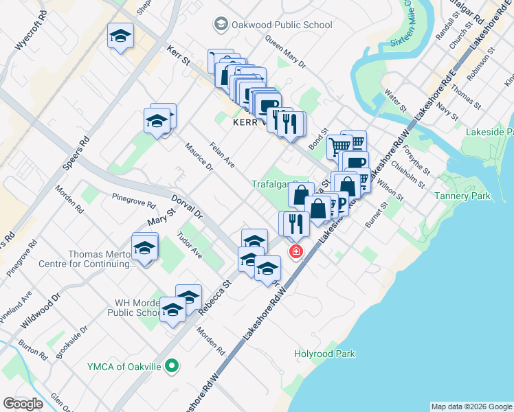 map of restaurants, bars, coffee shops, grocery stores, and more near 193 Maurice Drive in Oakville