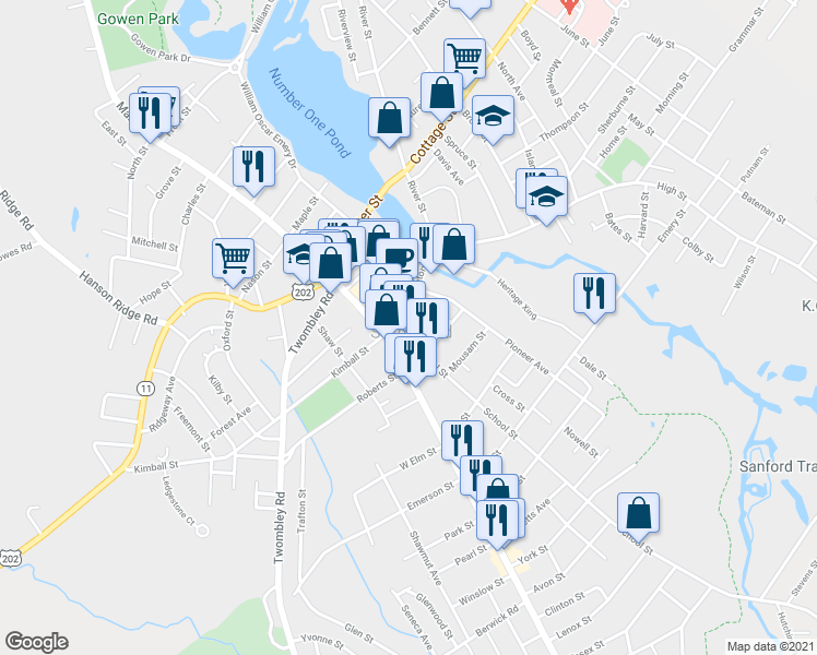 map of restaurants, bars, coffee shops, grocery stores, and more near 17 Washington Street in Sanford