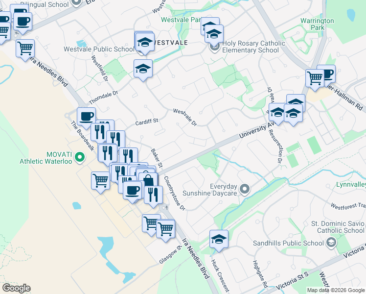 map of restaurants, bars, coffee shops, grocery stores, and more near 560 Penny Lane in Waterloo