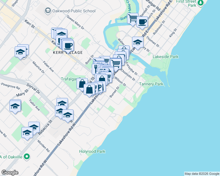 map of restaurants, bars, coffee shops, grocery stores, and more near 86 Kerr Street in Oakville
