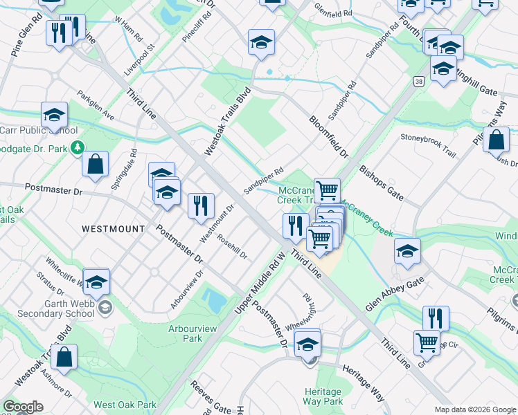 map of restaurants, bars, coffee shops, grocery stores, and more near 2070 White Dove Circle in Oakville