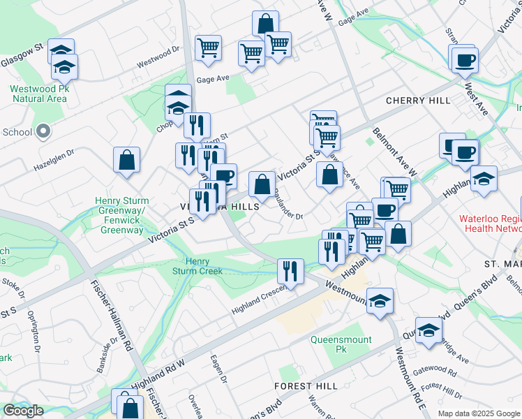 map of restaurants, bars, coffee shops, grocery stores, and more near 643 Victoria Street South in Kitchener