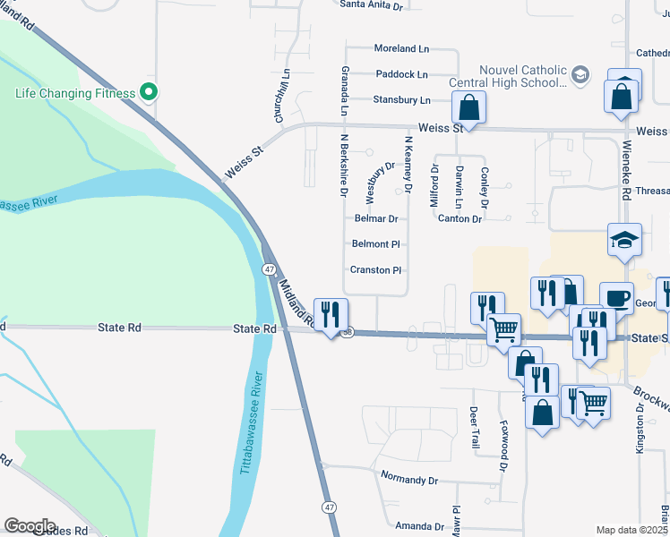map of restaurants, bars, coffee shops, grocery stores, and more near 2219 North Berkshire Drive in Saginaw
