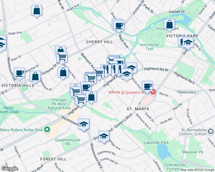 map of restaurants, bars, coffee shops, grocery stores, and more near 164 Belmont Avenue West in Kitchener