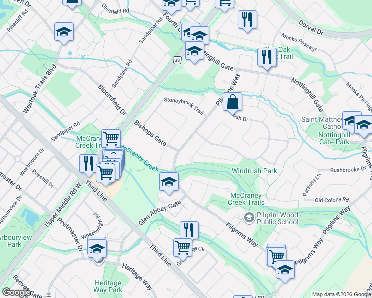 map of restaurants, bars, coffee shops, grocery stores, and more near 1769 Pilgrims Way in Oakville