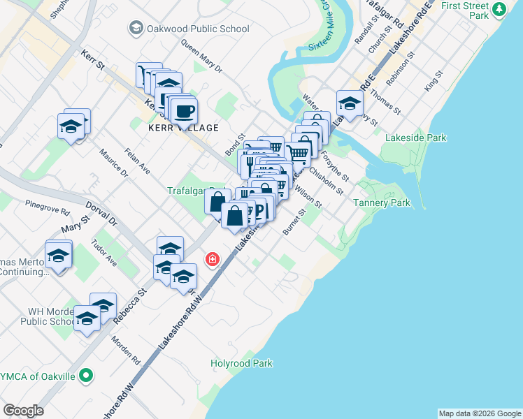map of restaurants, bars, coffee shops, grocery stores, and more near 103 Brant Street in Oakville
