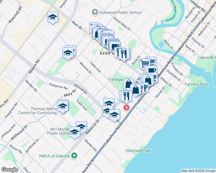 map of restaurants, bars, coffee shops, grocery stores, and more near 205 Maurice Drive in Oakville