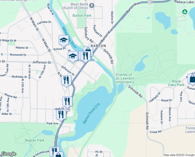 map of restaurants, bars, coffee shops, grocery stores, and more near 1731 Taylor Lane in West Bend