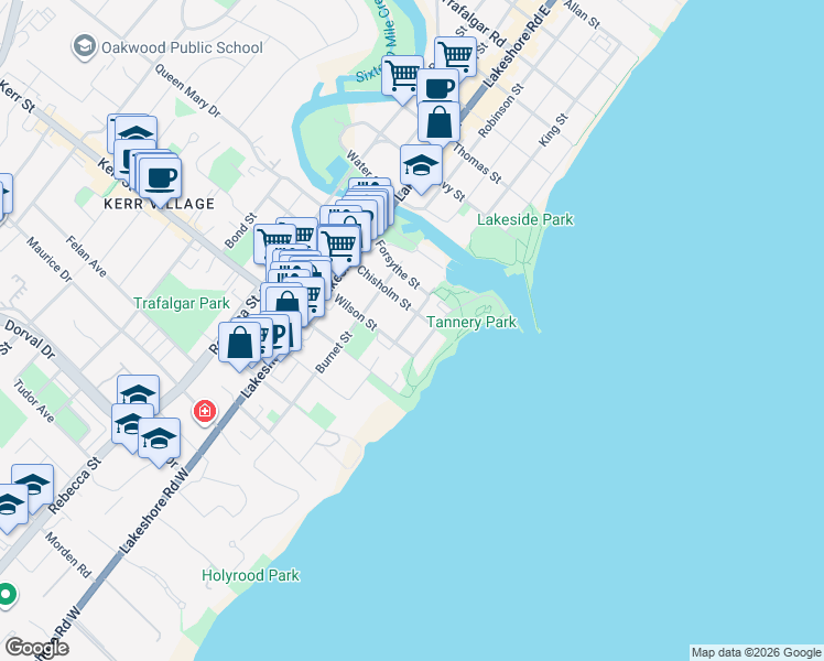 map of restaurants, bars, coffee shops, grocery stores, and more near 36 Anderson Street in Oakville
