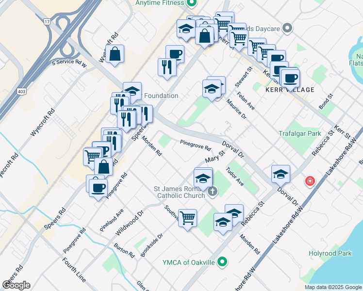 map of restaurants, bars, coffee shops, grocery stores, and more near 324 Pinegrove Road in Oakville