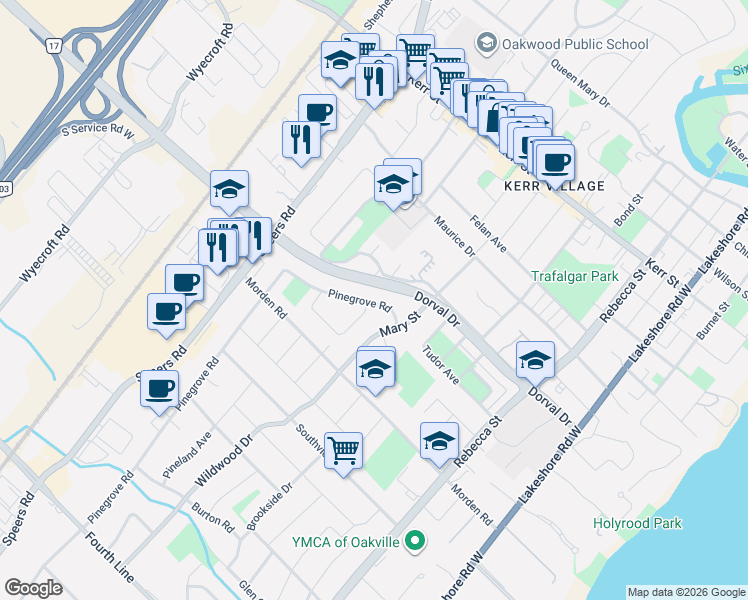 map of restaurants, bars, coffee shops, grocery stores, and more near 305 Pinegrove Road in Oakville