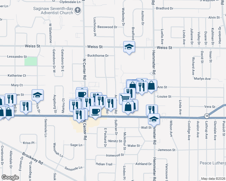 map of restaurants, bars, coffee shops, grocery stores, and more near 2225 Anderson Road in Saginaw