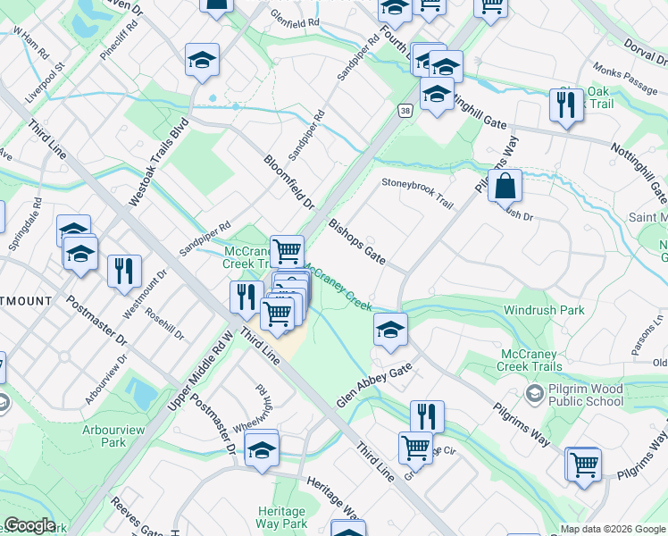map of restaurants, bars, coffee shops, grocery stores, and more near 1470 Bishops Gate in Oakville