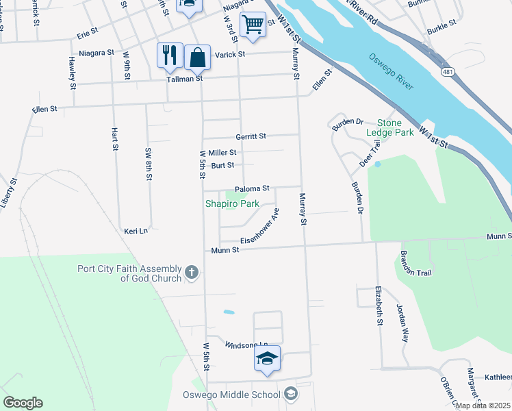 map of restaurants, bars, coffee shops, grocery stores, and more near 378 West 3rd Street in Oswego