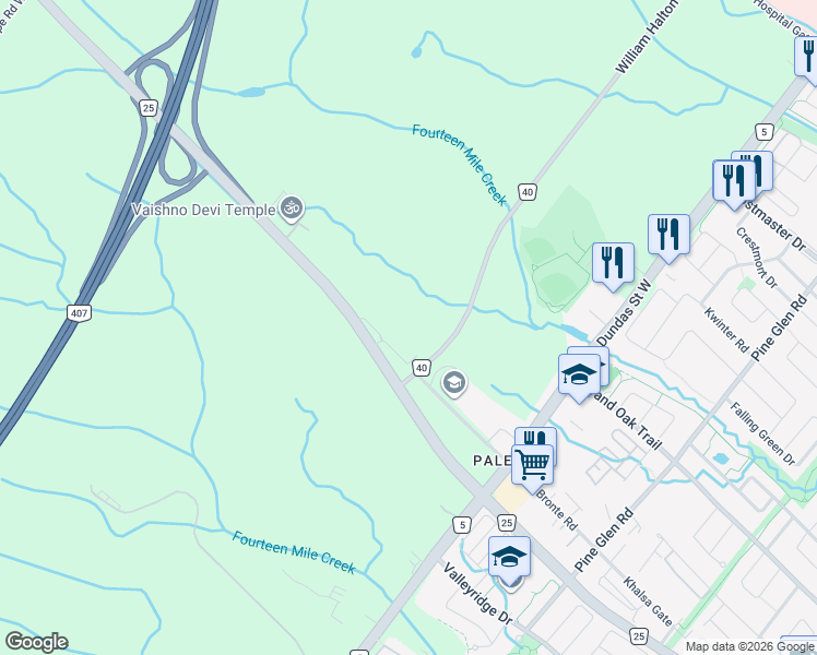 map of restaurants, bars, coffee shops, grocery stores, and more near 3153 Old Bronte Road in Oakville