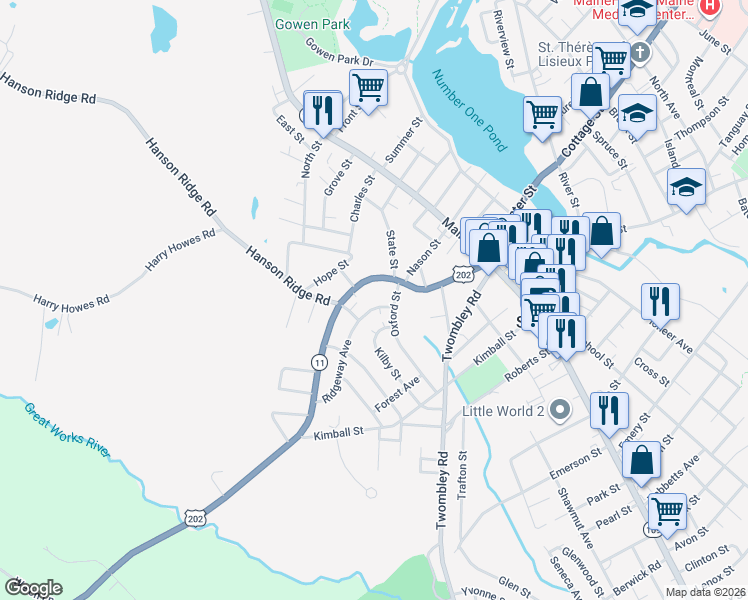map of restaurants, bars, coffee shops, grocery stores, and more near 52 Lebanon Street in Sanford