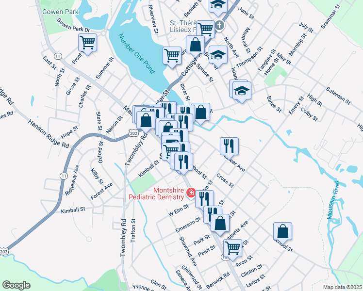 map of restaurants, bars, coffee shops, grocery stores, and more near 35 Washington Street in Sanford