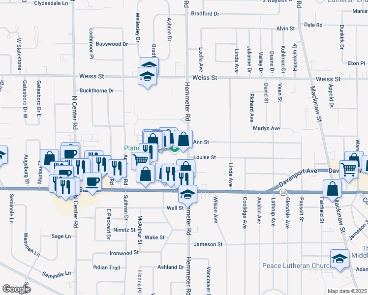 map of restaurants, bars, coffee shops, grocery stores, and more near 4580 Hemmeter Court in Saginaw