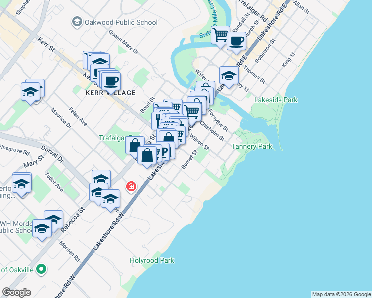 map of restaurants, bars, coffee shops, grocery stores, and more near 83 Kerr Street in Oakville