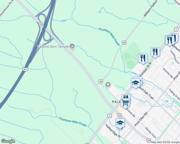 map of restaurants, bars, coffee shops, grocery stores, and more near 3153 Old Bronte Road in Oakville