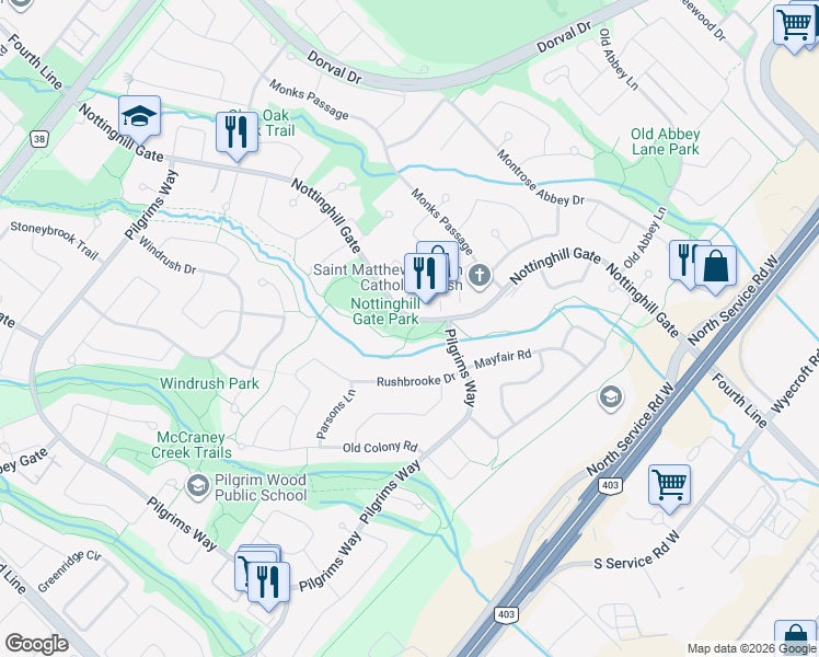 map of restaurants, bars, coffee shops, grocery stores, and more near 1150 Nottinghill Gate in Oakville